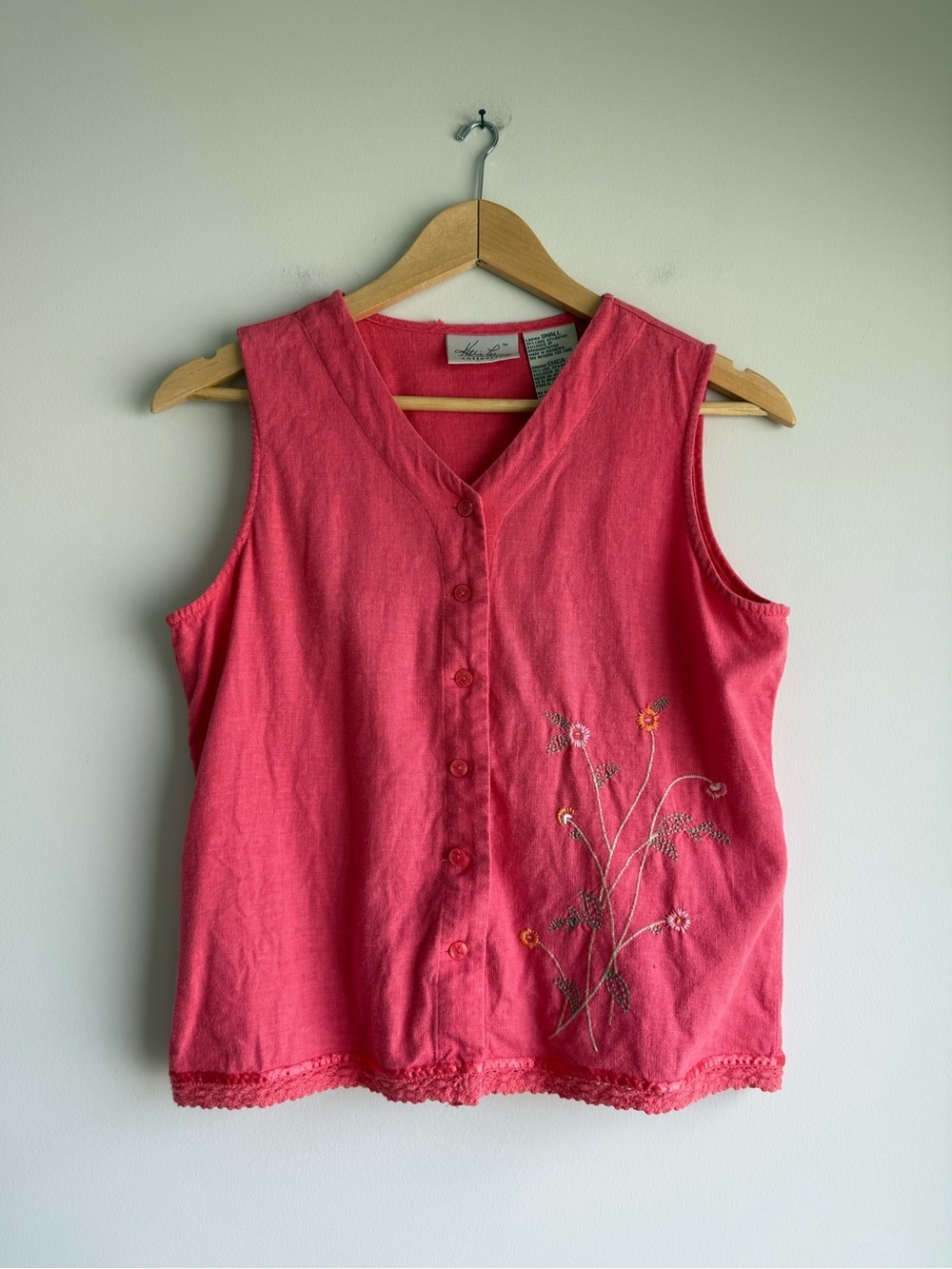 Vintage Katherine Lee Embroidered Linen Blend Tank Top Small Boho